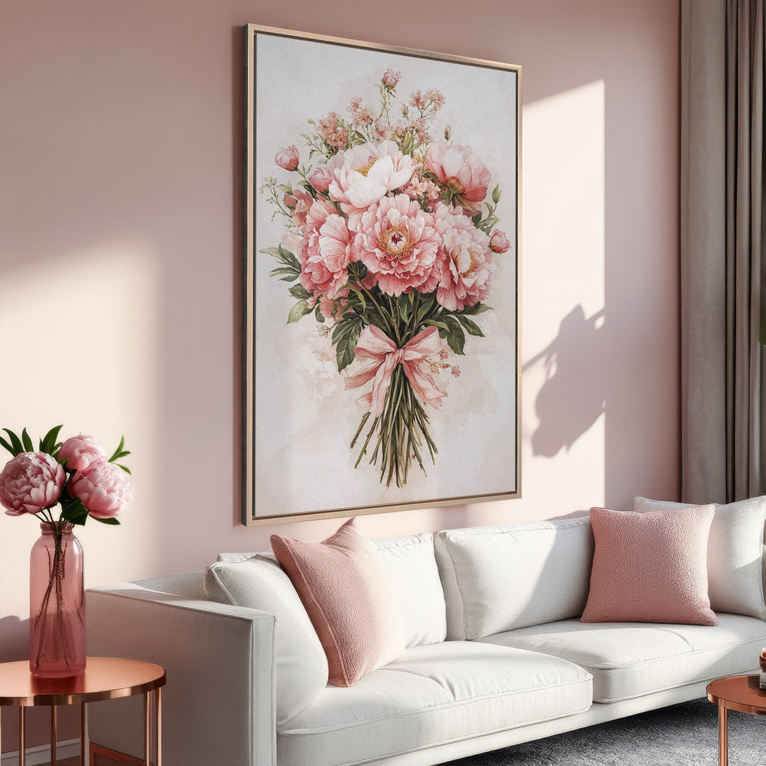 Framed Wall Art featuring a watercolor bouquet of pink peonies. Elegant floral print in a soft, romantic color palette, perfect for adding a touch of beauty to your home.