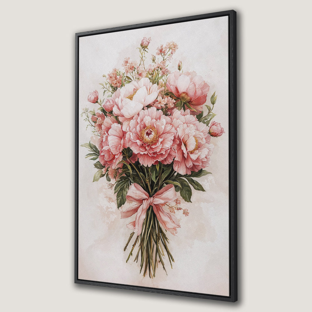 Framed Wall Art featuring a beautiful watercolor bouquet of pink peonies. Soft, romantic style with a blush and green color palette. Perfect floral wall decor.