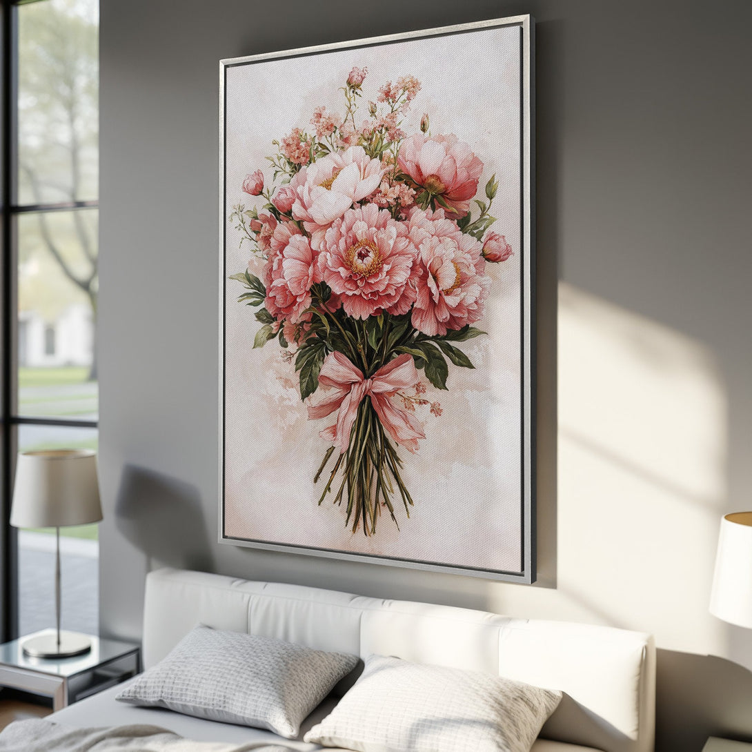 Framed Wall Art: Watercolor bouquet of pink peonies. Elegant floral artwork in a bedroom setting, soft pink and green color palette. Perfect home decor.