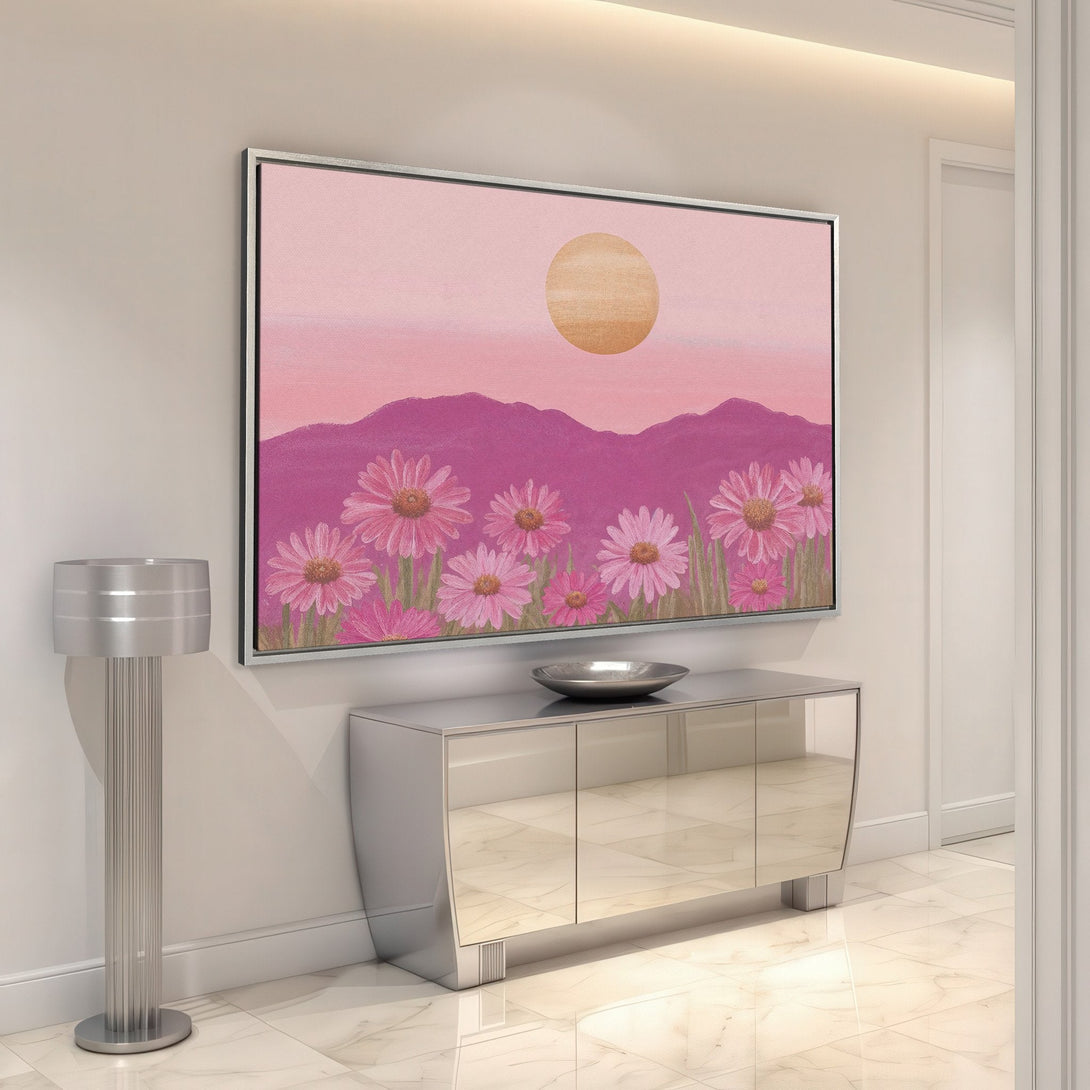 Framed Wall Art featuring a pink floral landscape with a sun. Modern style, perfect for adding a pop of color to your home decor.