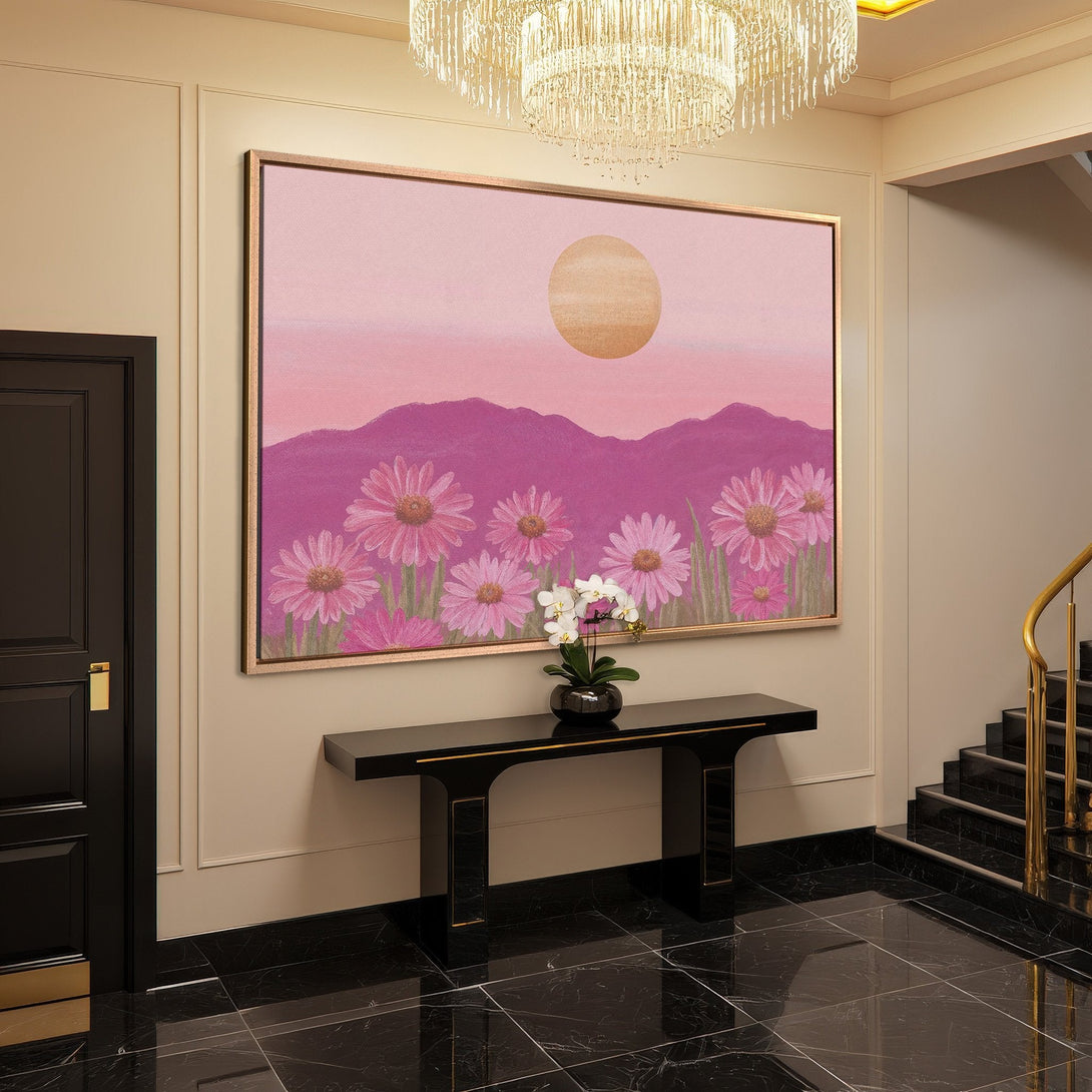 Framed Wall Art: Pink floral landscape canvas print in a modern interior. Soft pink and gold color palette, perfect for adding a touch of elegance.