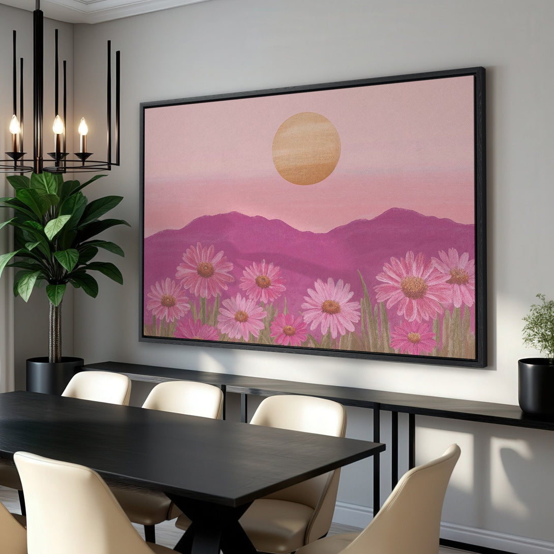 Framed Wall Art: Pink daisy landscape canvas print. Add a touch of floral elegance to your home with this beautiful, modern artwork in a soft, pink palette.