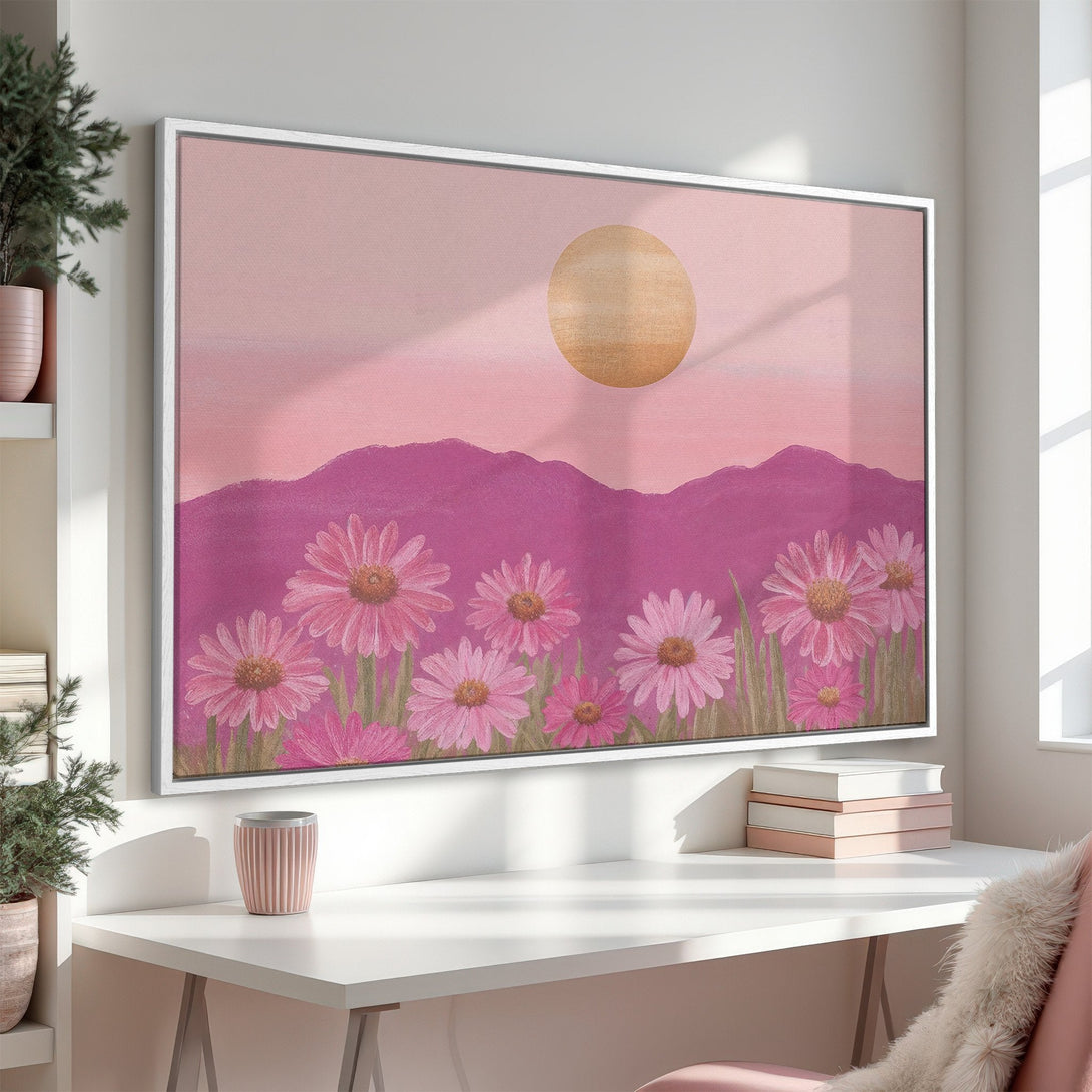 Framed Wall Art featuring a floral landscape in a soft pink and gold color palette. Perfect for adding a touch of serenity to your space.