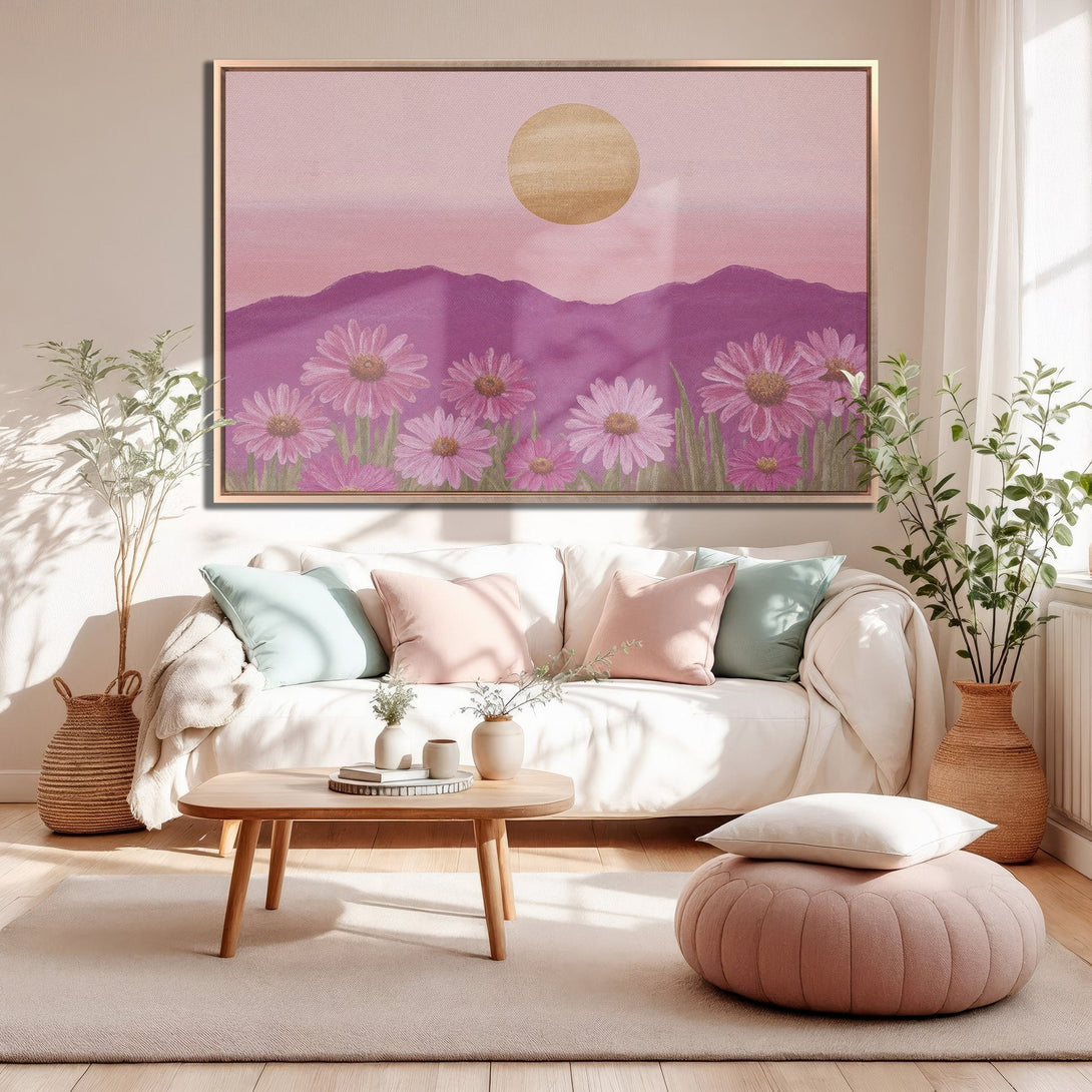 Framed Wall Art: Watercolor daisy field in pink & purple hues. Adds a touch of serenity to any space. Shop now for floral art!