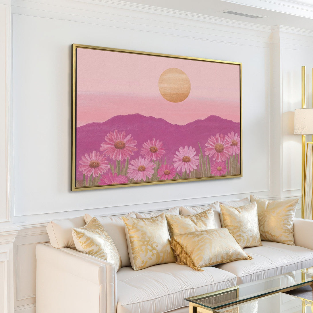 Canvas Print of a floral landscape in a modern living room. Soft pink and purple hues create a calming atmosphere.