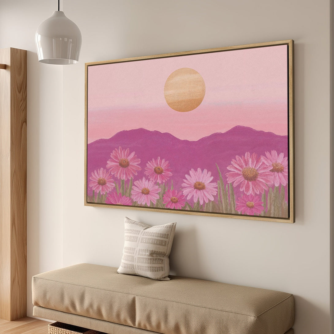 Framed Wall Art: Pink daisy landscape canvas print. Modern floral art with warm pink and purple hues. Perfect for home decor.