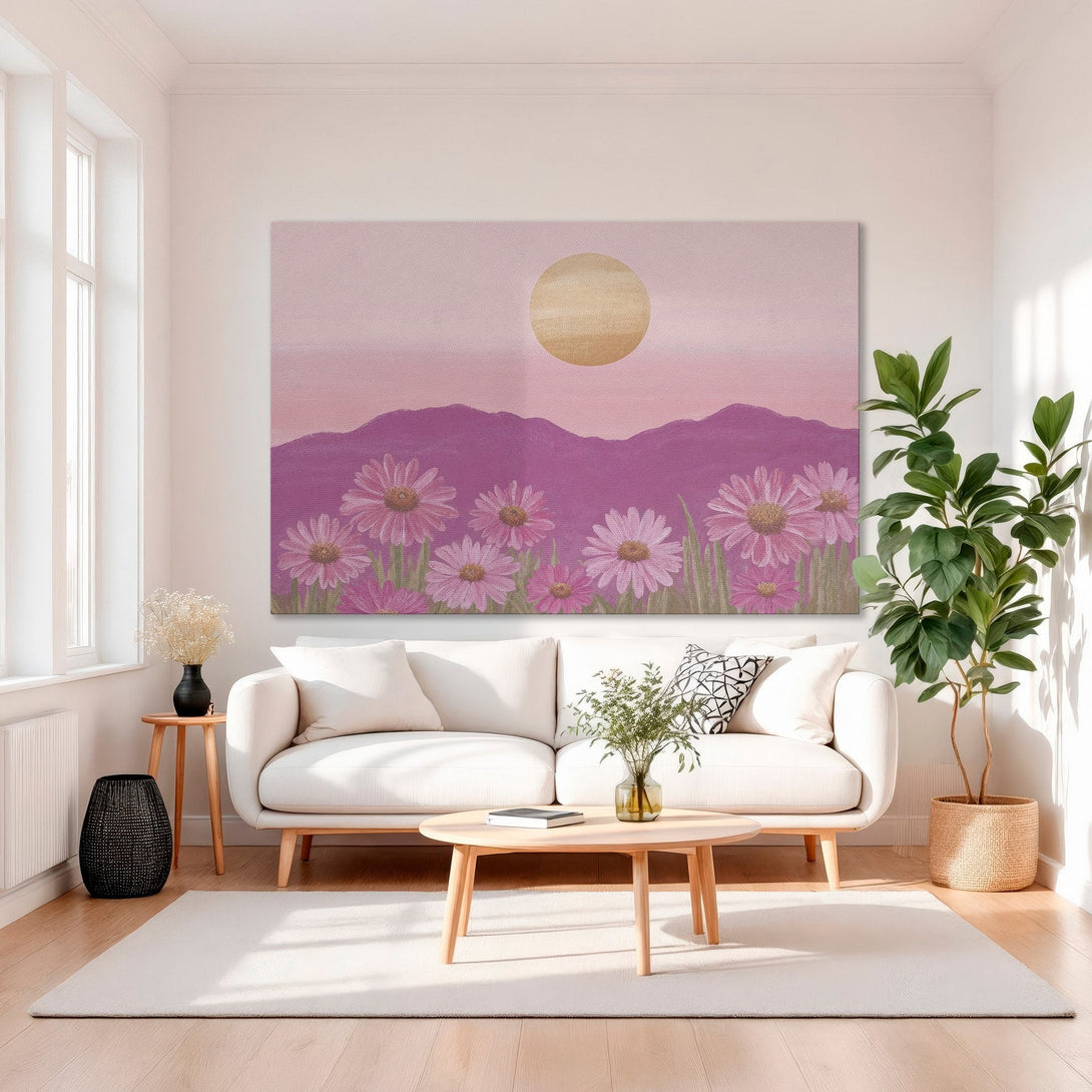 Framed Wall Art: Pink daisy landscape canvas print, perfect for adding a touch of floral beauty to your home decor. Soft pink and gold color palette.