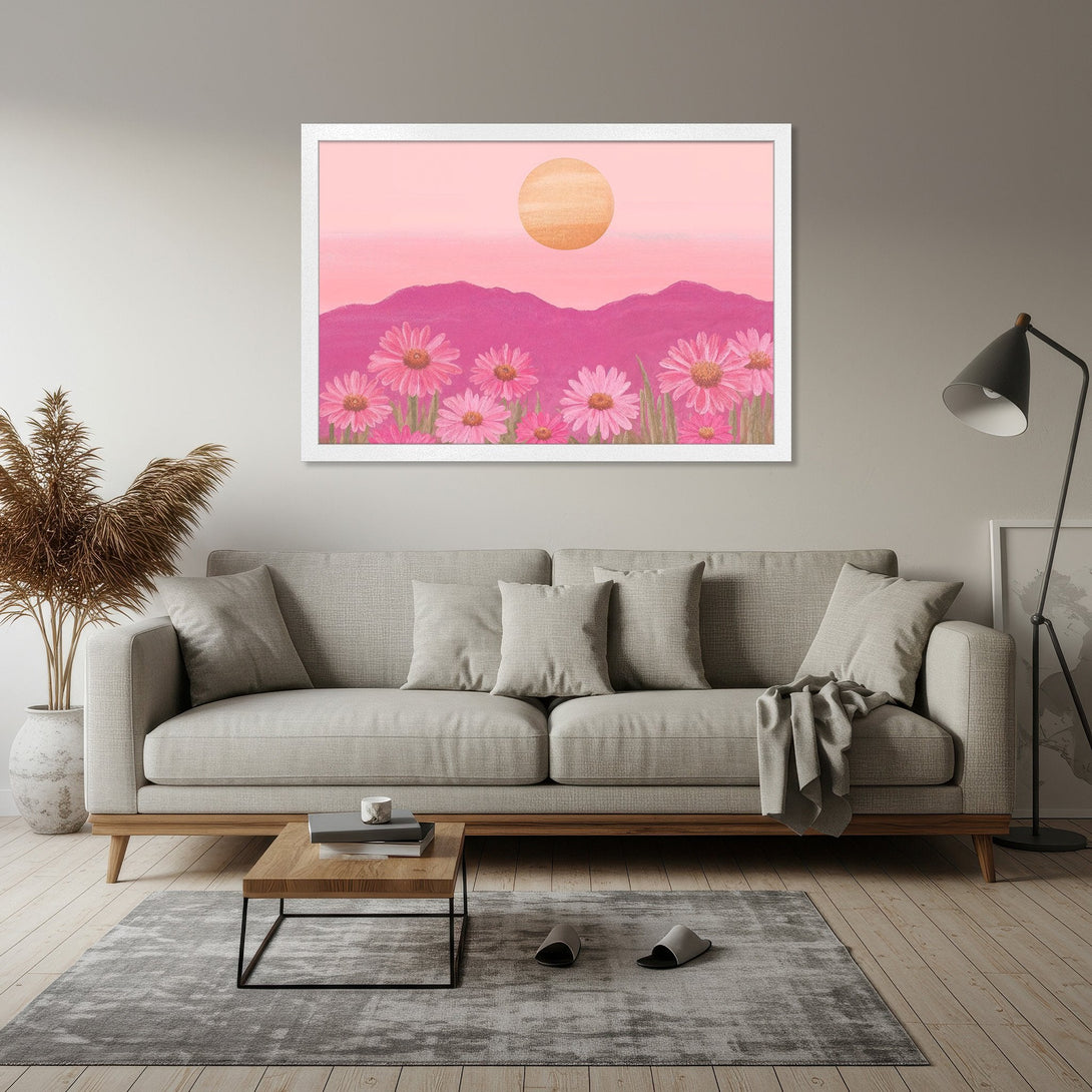 Framed Poster featuring a watercolor landscape with pink flowers, mountains, and sun. Soft, romantic style in a pink and peach color palette.