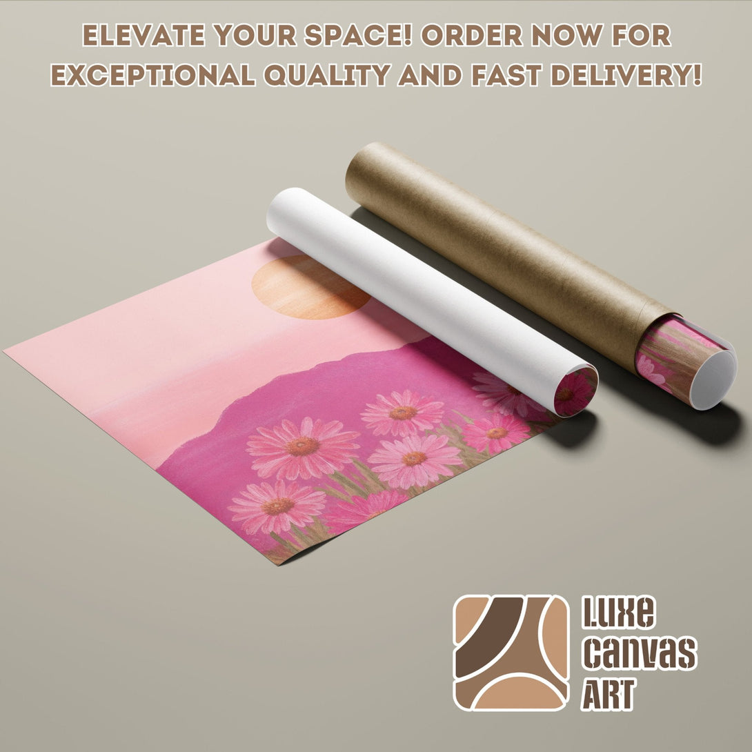 Poster Roll featuring a floral landscape in pink hues. Modern art style.