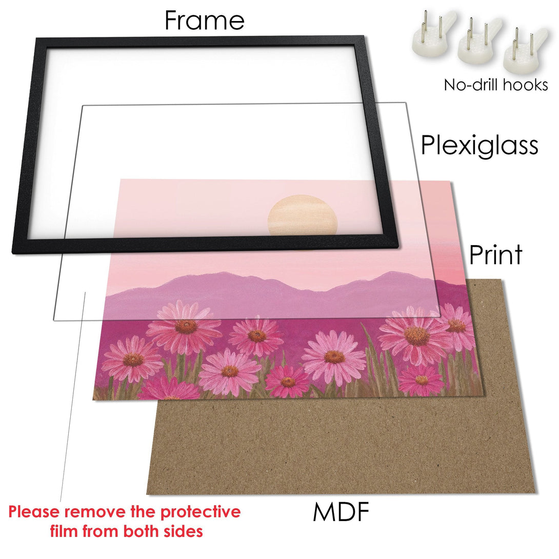 Framed Poster featuring a floral landscape in pink hues. Modern art print for home decor.