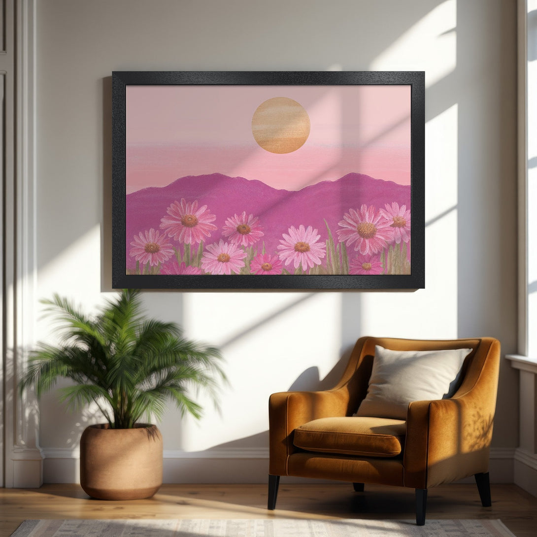 Framed Poster featuring a watercolor floral landscape in pink and gold tones. Perfect wall art for any room!