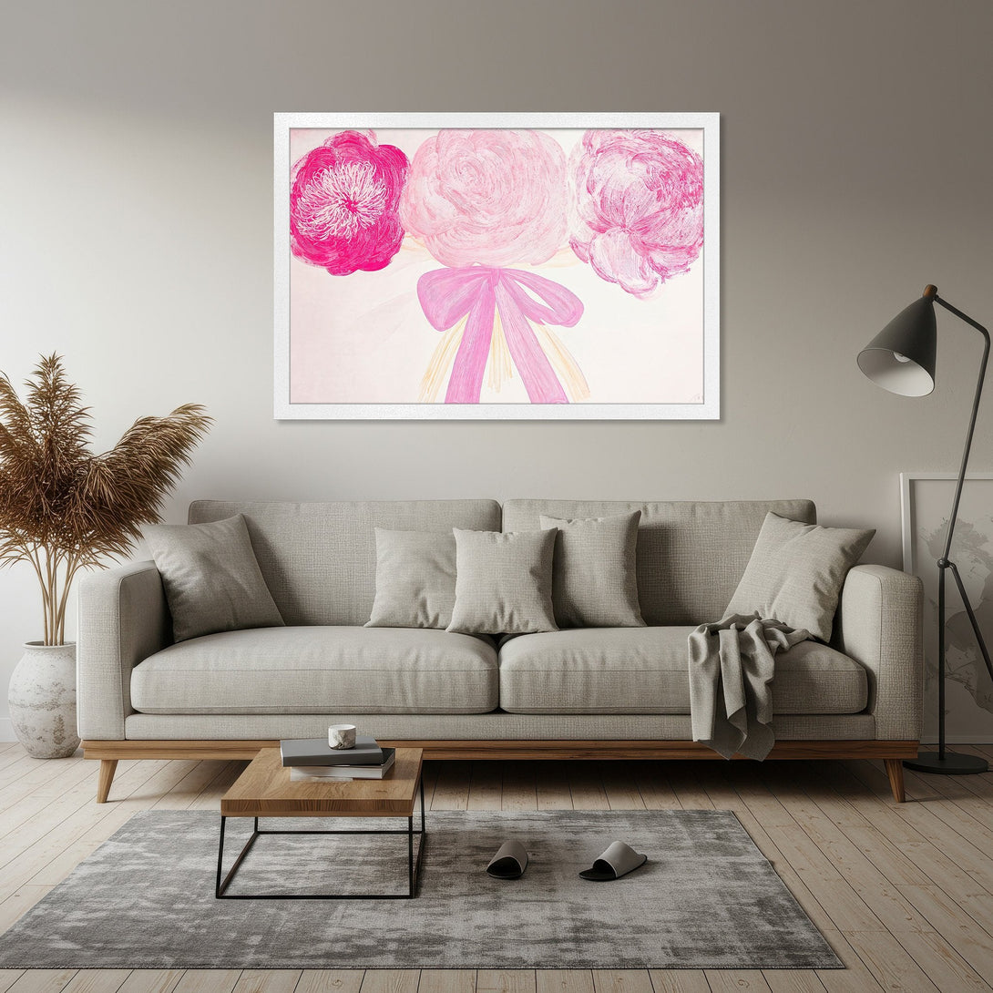 Framed Poster featuring abstract pink floral art, perfect for adding a touch of modern style to your home. Soft pink palette.