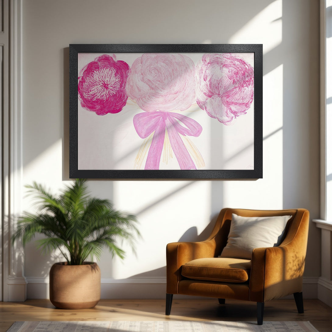 Framed Poster featuring abstract pink floral art. Modern style, vibrant pink and white color palette, perfect wall decor.