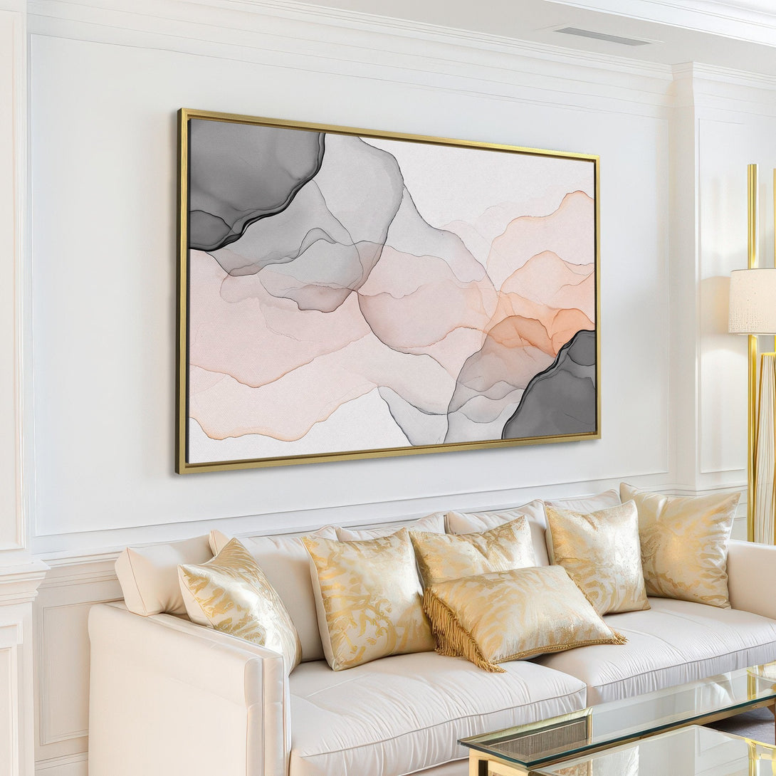 Abstract Canvas Print in neutral tones, perfect for modern living room decor. Features a flowing design with gray and beige hues.