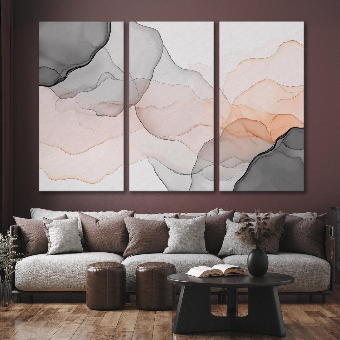 Abstract Canvas Print triptych in neutral tones of gray, blush, and peach. Modern art for a stylish living room.