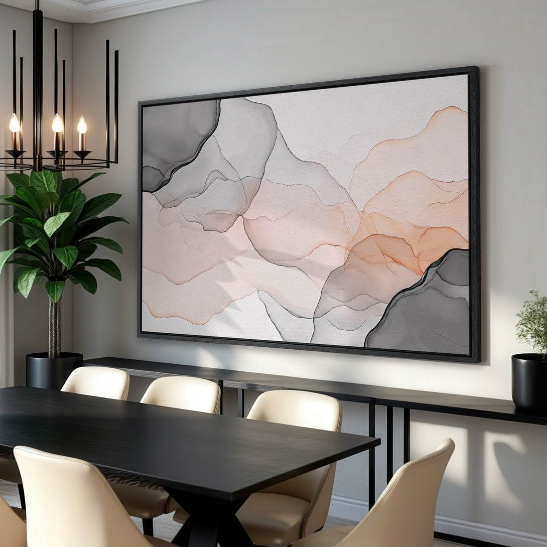 Framed Wall Art: Abstract art Canvas Print in neutral tones (gray, peach, white). Modern, stylish decor piece for dining room or living space.