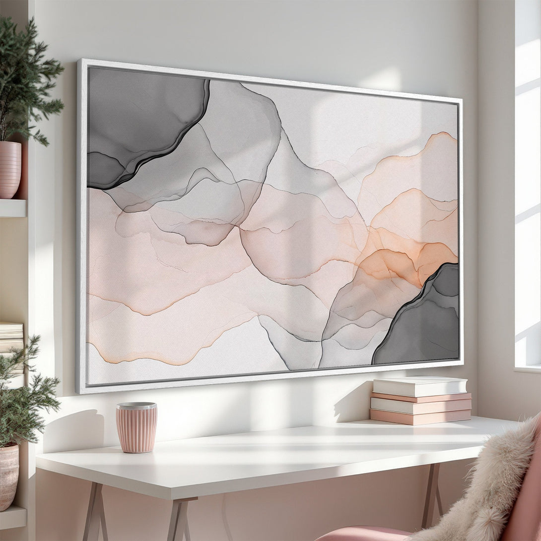 Framed Wall Art: Abstract art Canvas Print in neutral tones of gray, blush, and peach, perfect for modern home decor.