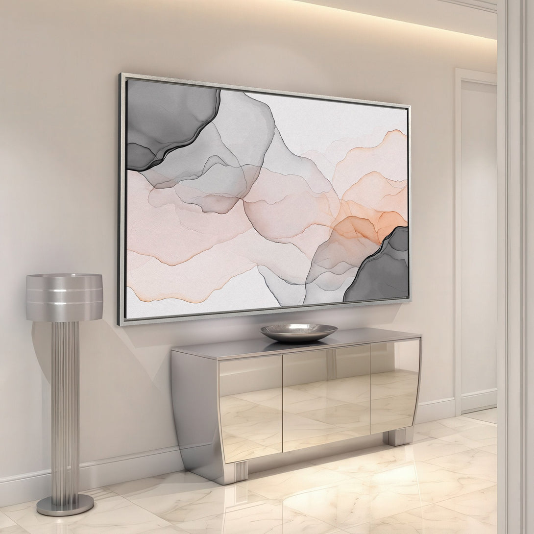 Framed Wall Art featuring abstract watercolor design in neutral tones (gray, blush, and white), perfect for modern home decor.