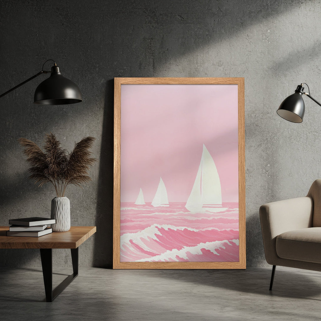 Framed Poster featuring sailboats on pink waves, minimalist art style, soft pink & white color palette. Add a touch of serenity to your space!