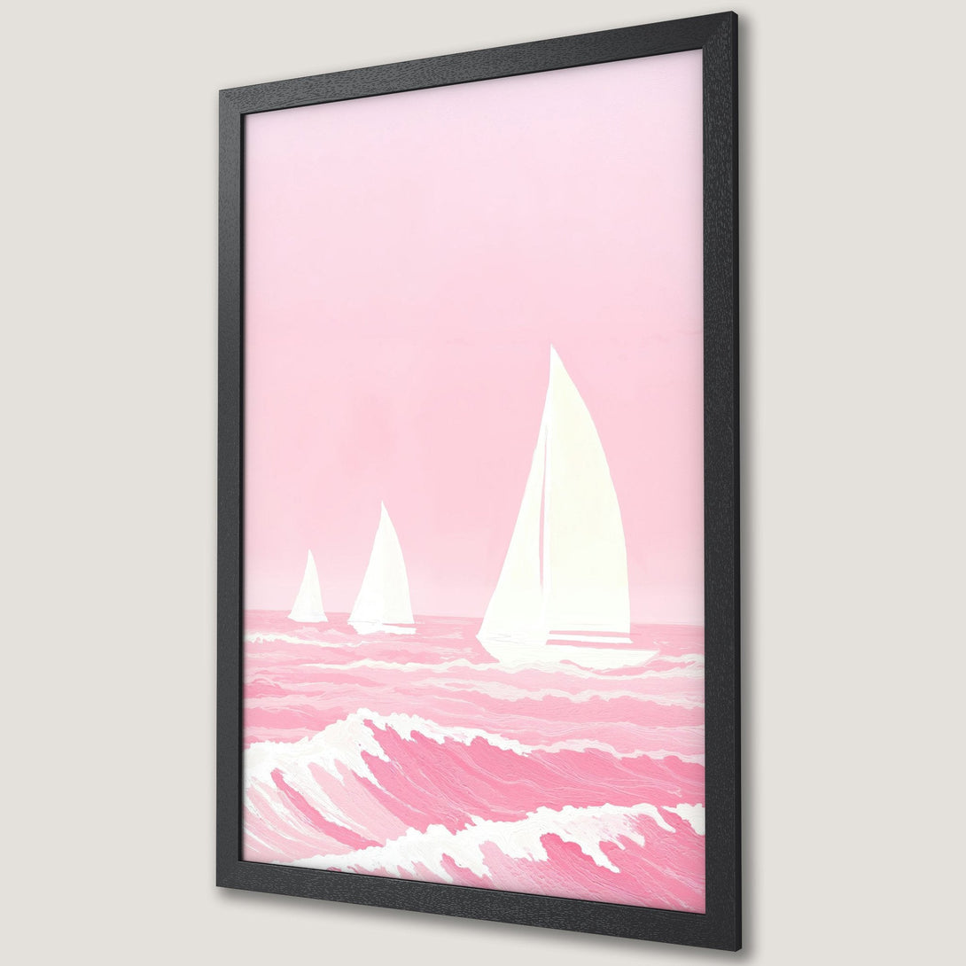 Framed Poster featuring sailboats on a pink ocean. Modern art style with a soft, pastel color palette. Perfect wall decor!