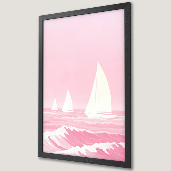 Framed Poster featuring sailboats on a pink ocean. Modern art style with a soft, pastel color palette. Perfect wall decor!