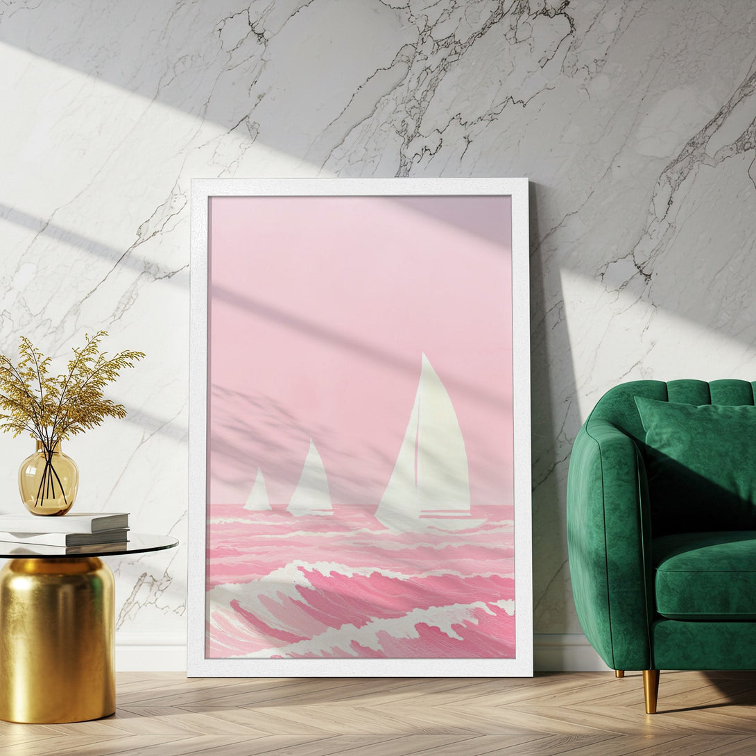 Framed Poster featuring sailboats on pink waves. Modern art style, soft pink and white color palette. Perfect wall decor!