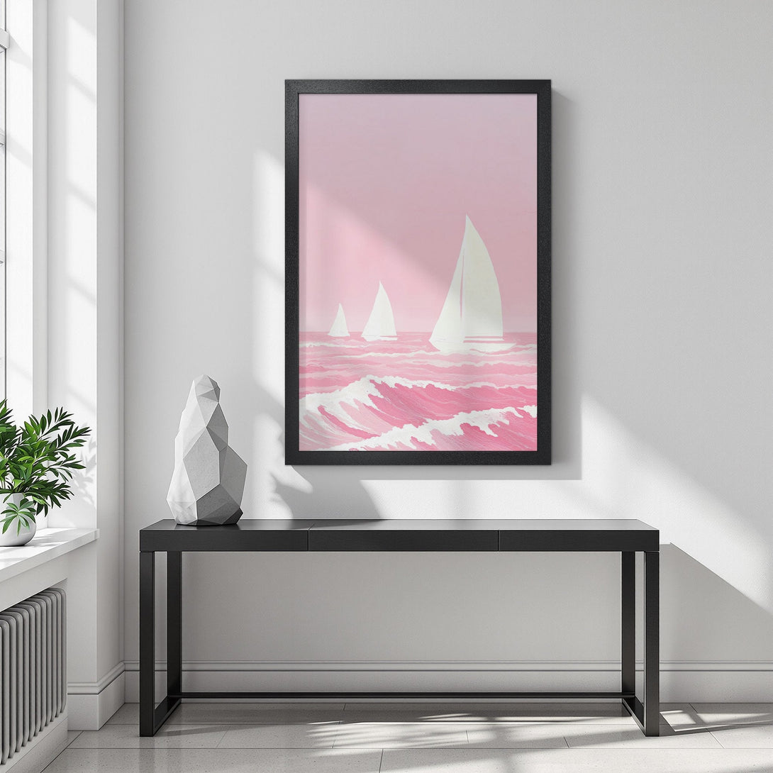Framed Poster featuring sailboats on pink water, minimalist style, pastel color palette. Perfect wall art for a serene vibe.
