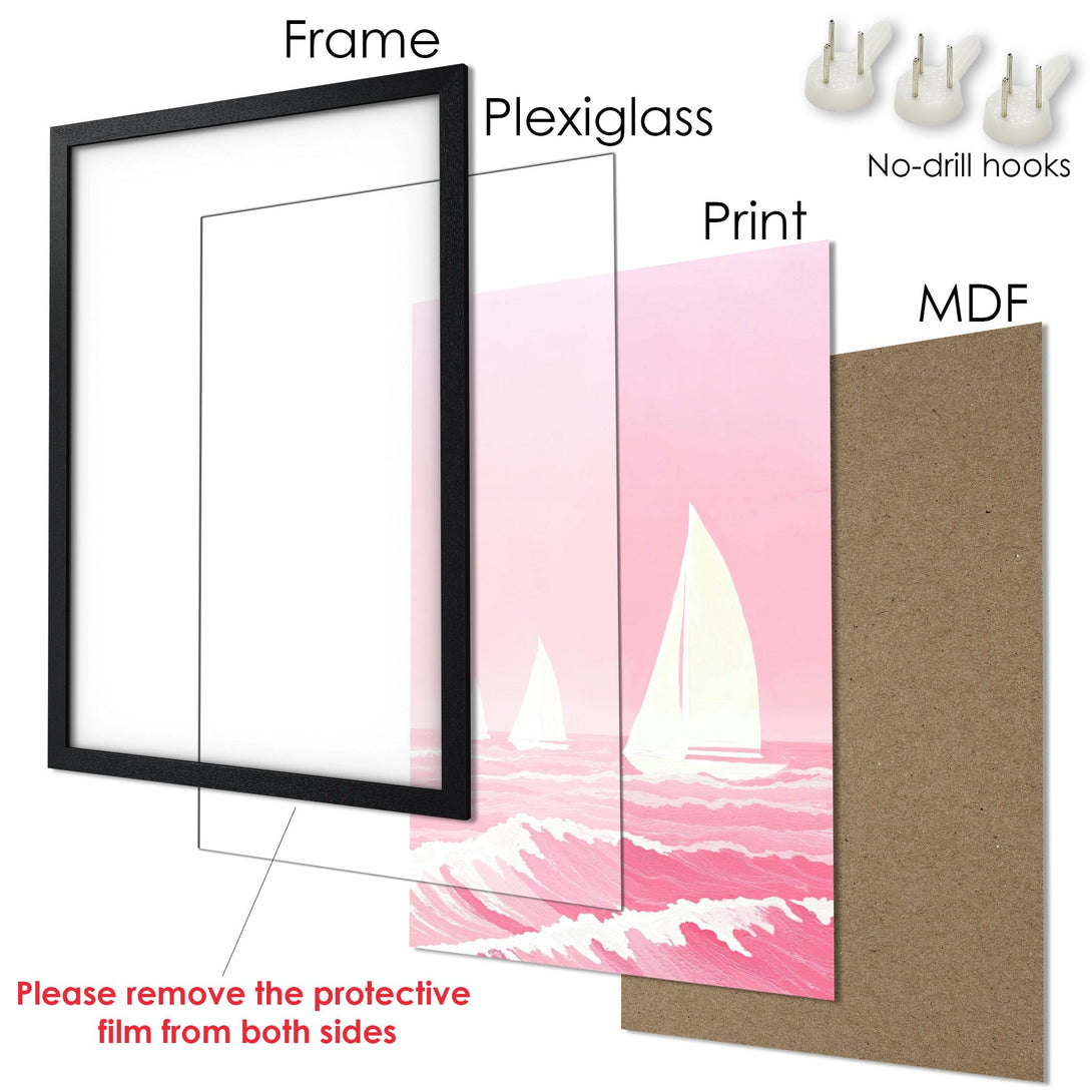 Framed Poster of sailboats in a pink and white coastal style. Perfect wall art for your home!