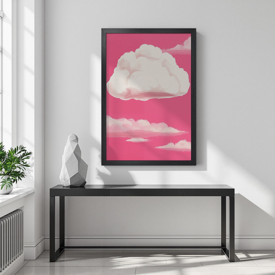 Framed Poster featuring a cloudscape in a vibrant pink and white color palette. Modern art style, perfect for home decor.
