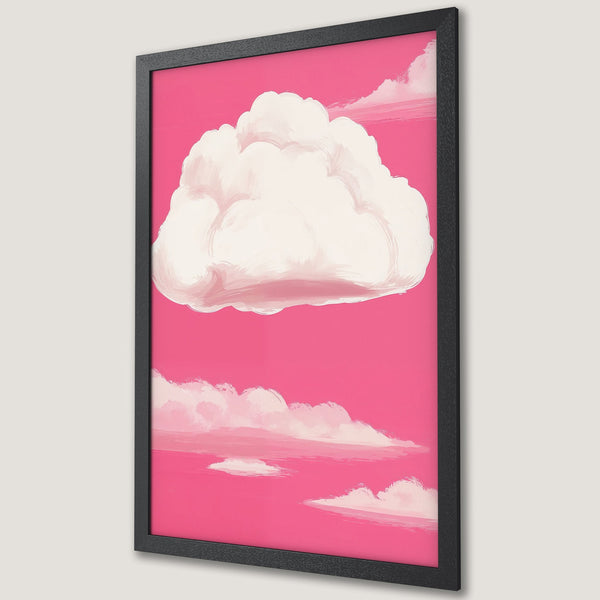 Framed Poster featuring a whimsical cloudscape in a vibrant pink and white color palette, perfect wall art for any space.