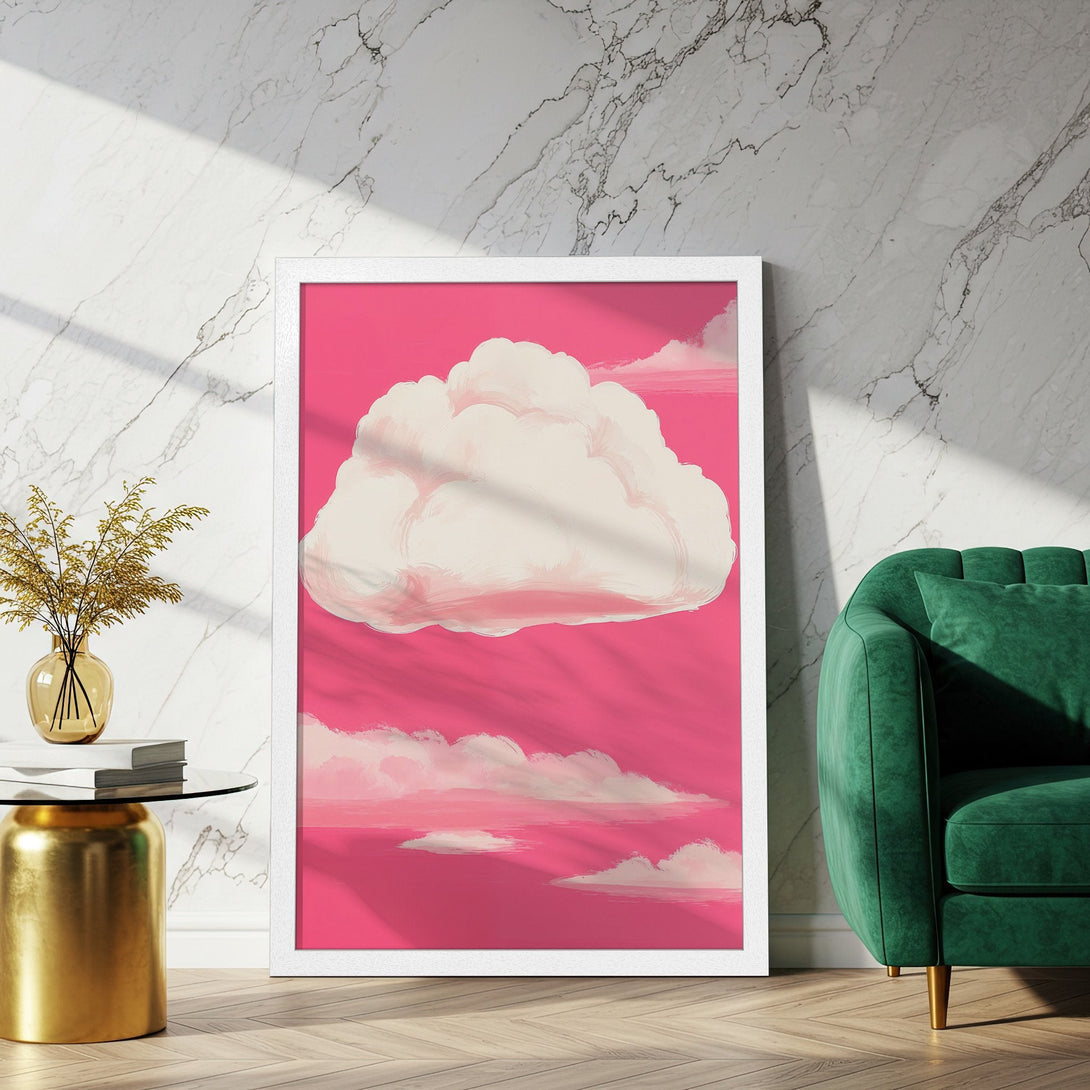 Framed Poster featuring a dreamy cloudscape in a vibrant pink and white color palette. Perfect wall art for a pop of color!