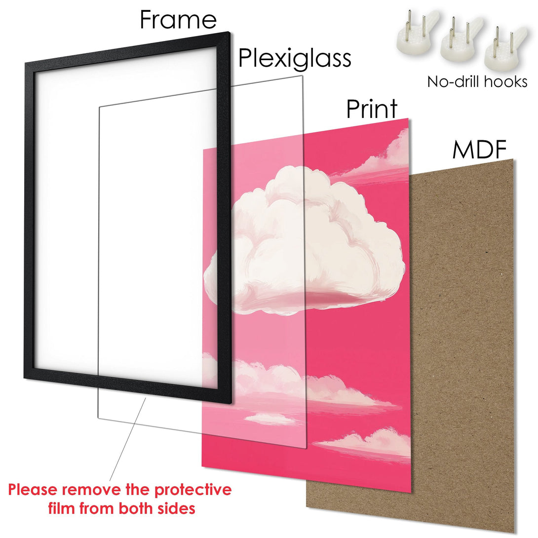 Framed Poster with a pink sky and cloud design. Modern art style with a vibrant pink and white color palette. Ready to hang!
