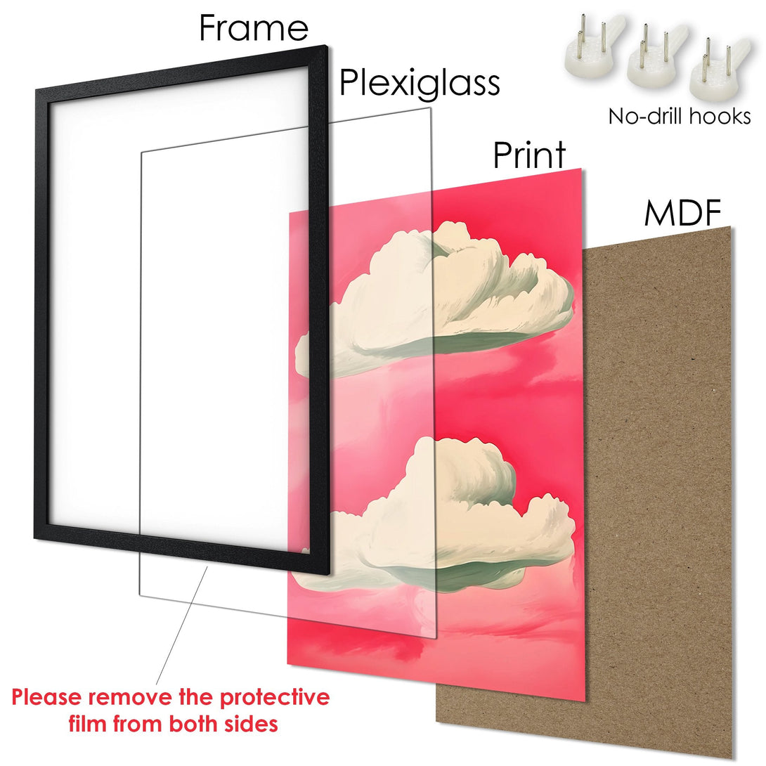 Framed Poster featuring cloud art in a pop art style with a pink and white color palette. Perfect wall decor!