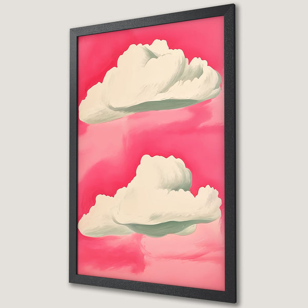Framed Poster featuring abstract clouds against a vibrant pink sky. Modern art style with a soft, pastel color palette. Perfect wall decor!