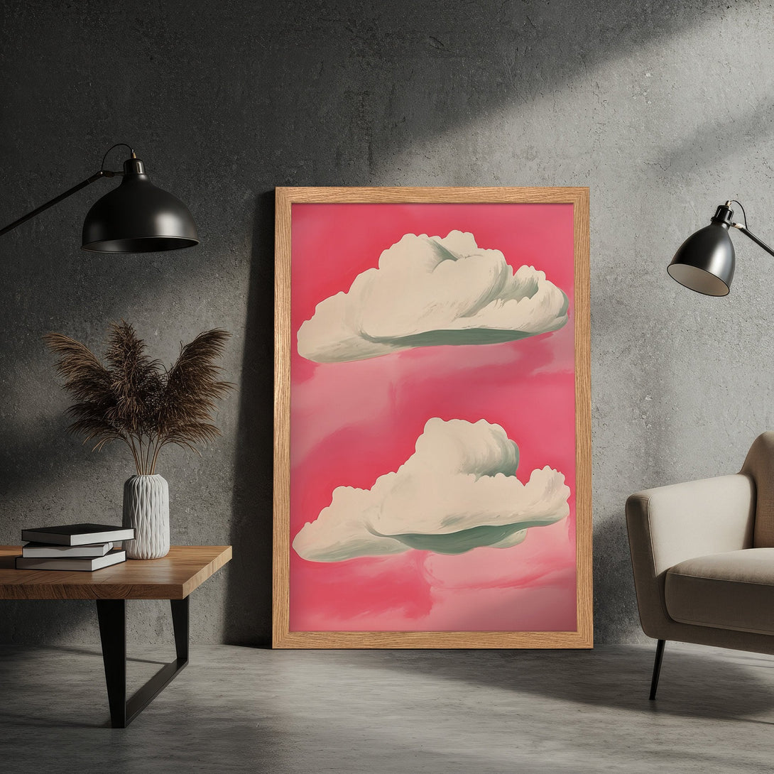 Framed Poster featuring whimsical cloud art in a pink and white color palette. Modern art print for your home decor.