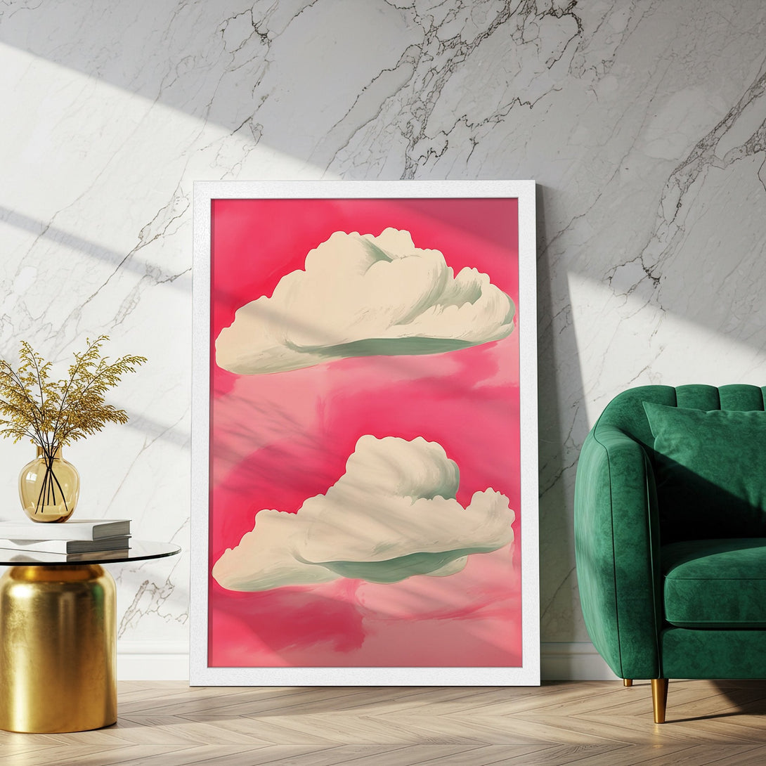 Framed Poster featuring abstract cloud art in a modern style. Pink and cream color palette, perfect for home decor. Add a touch of art!