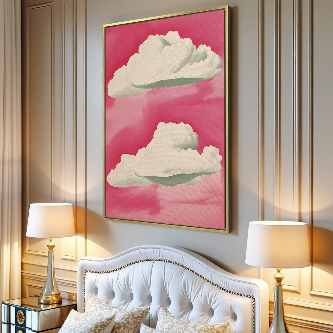 Canvas Print featuring whimsical cloud art in pink and white. Modern style wall decor for a pop of color.