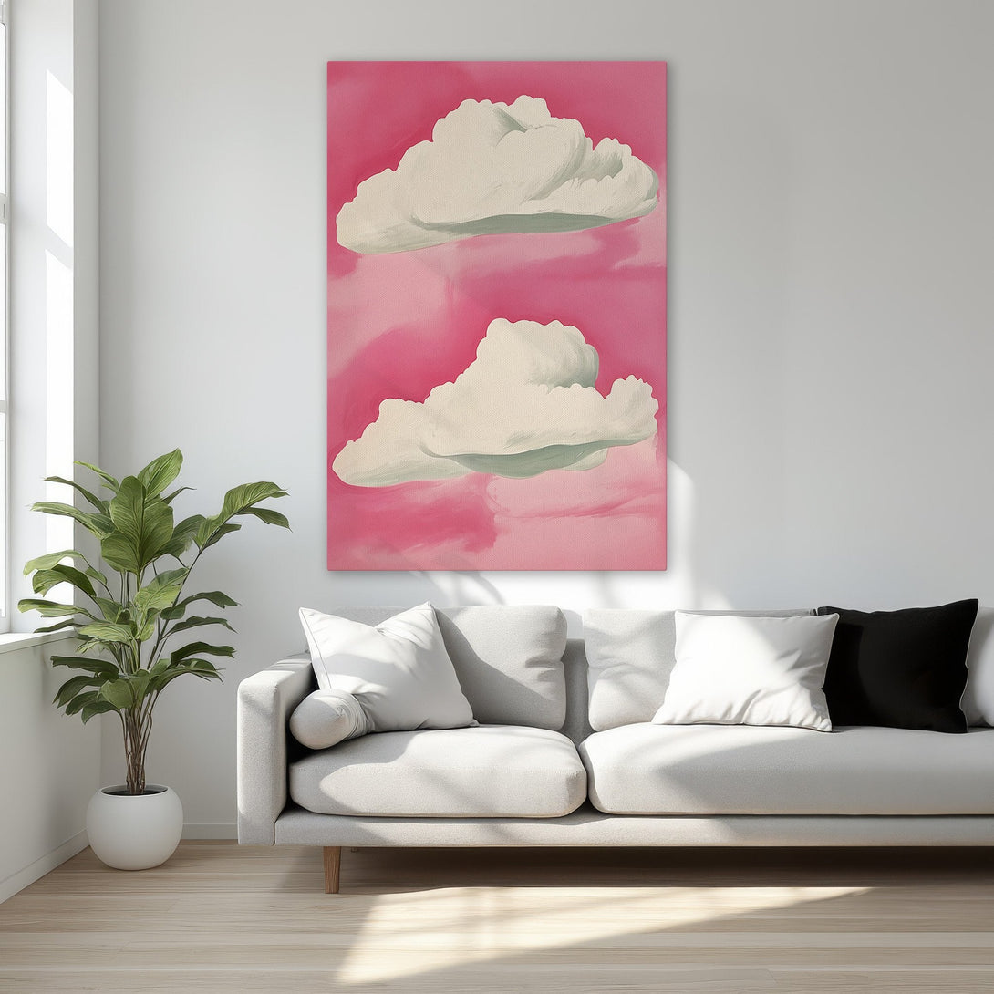 Framed Wall Art: Abstract cloud painting in pink and white. Modern art piece perfect for bedroom decor. Adds a pop of color!