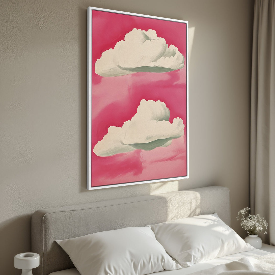 Framed Wall Art featuring dreamy cloud painting in a pink and cream color palette. Perfect for adding a touch of serenity to any space.