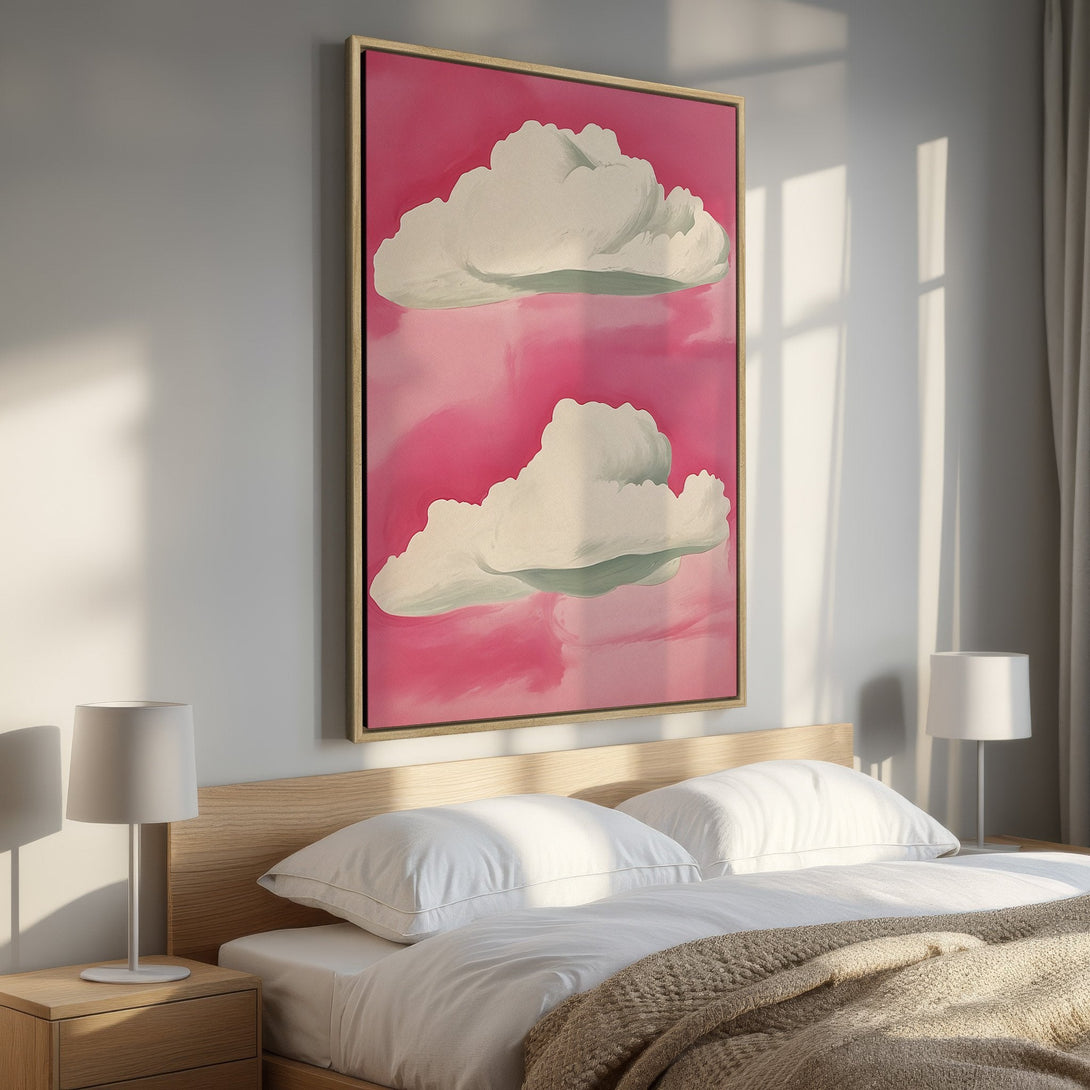 Framed Wall Art featuring abstract clouds in a pink sky. Modern, stylish Canvas Print with a calming color palette, perfect for bedroom decor.