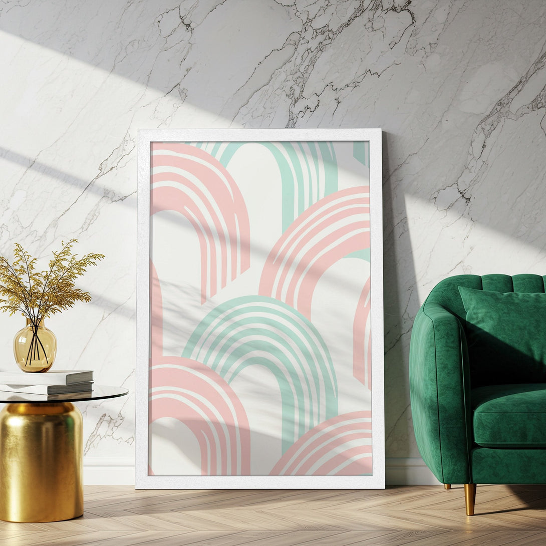 Framed Poster with abstract rainbow design in pastel pink and mint green. Modern art for your home!