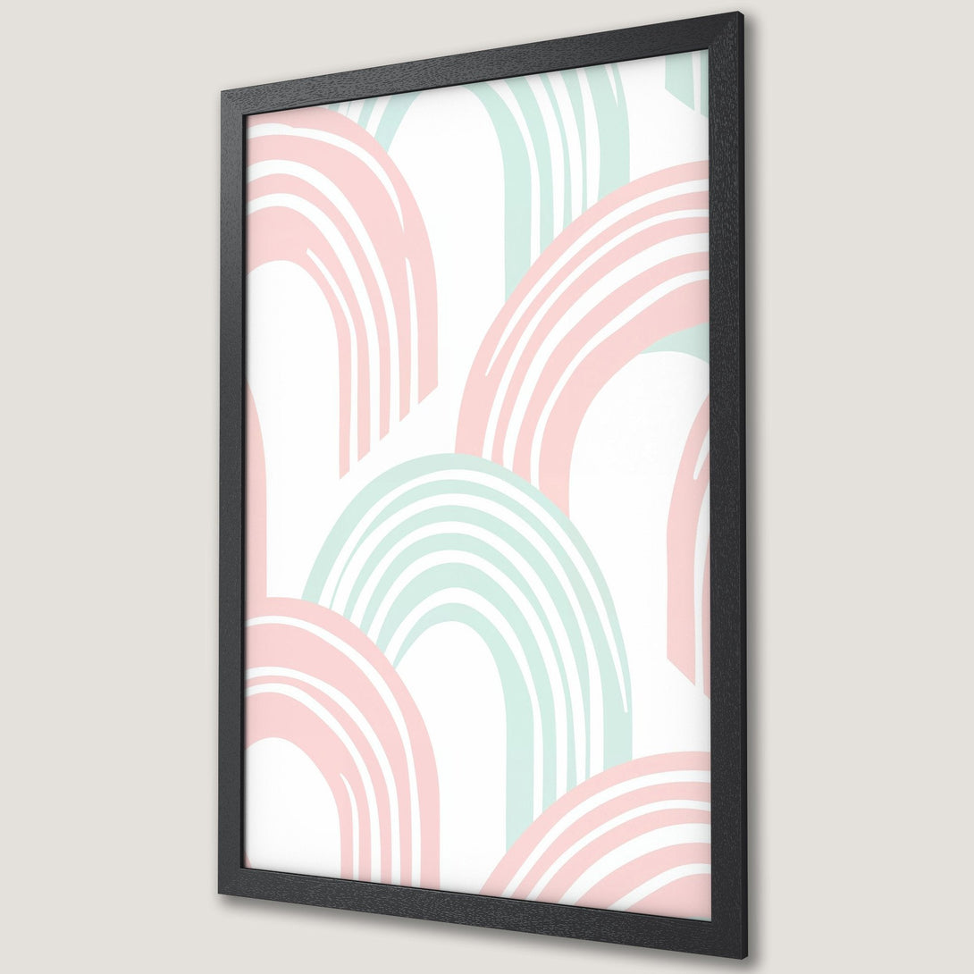 Framed Poster featuring pastel rainbow abstract art in pink and mint green. Modern, stylish wall decor for any room.