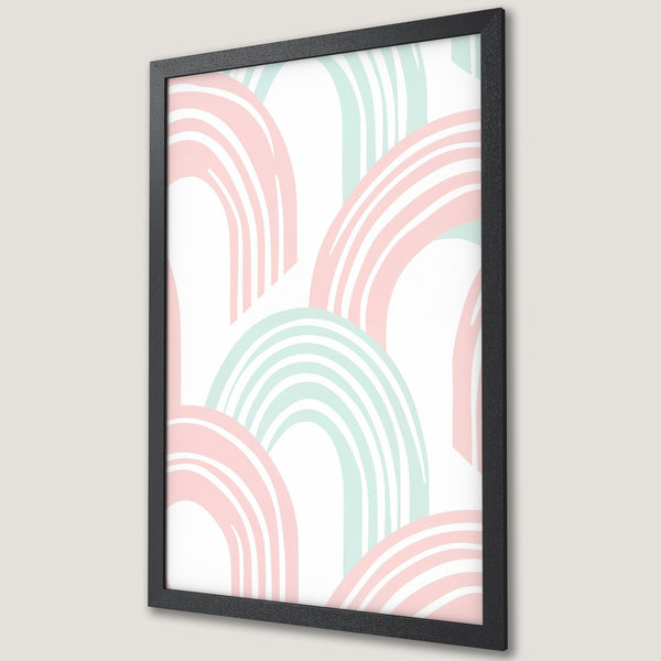 Framed Poster featuring pastel rainbow abstract art in pink and mint green. Modern, stylish wall decor for any room.