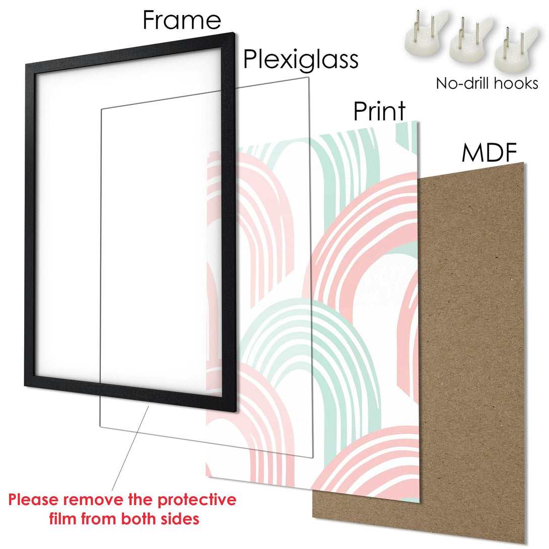 Framed Poster with a pastel rainbow design. Modern art print in pink and mint green, perfect for any room.