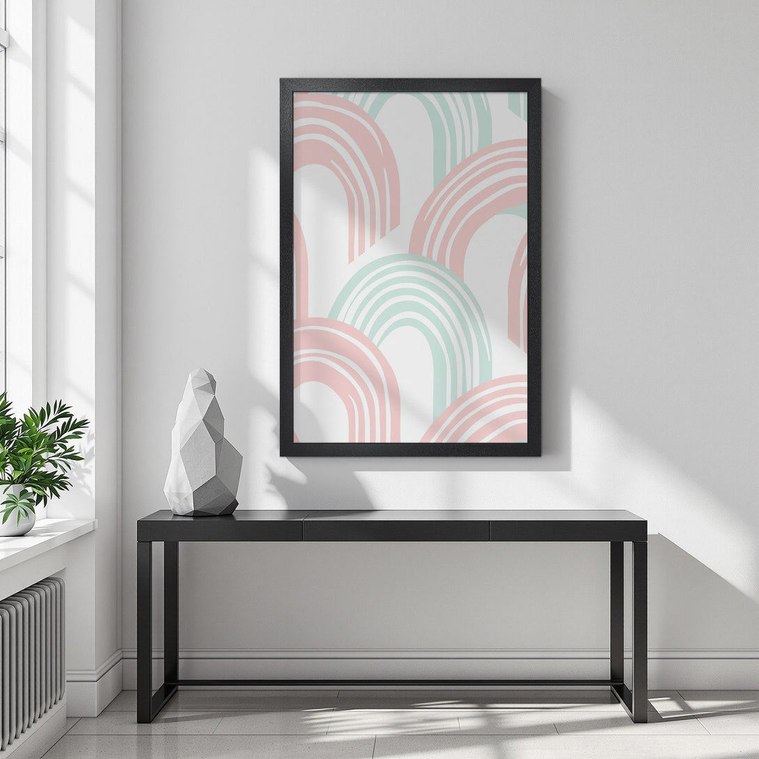 Framed Poster with abstract rainbow design in pastel pink and teal. Modern art print for home decor.
