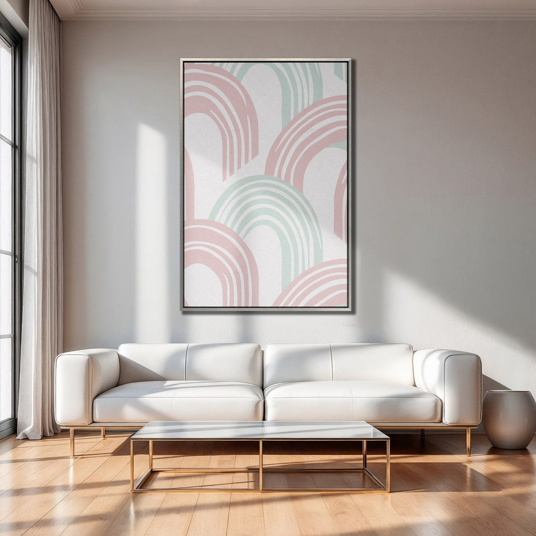 Framed Wall Art featuring a modern abstract rainbow design in pastel pink and green. Adds a stylish touch to any interior.