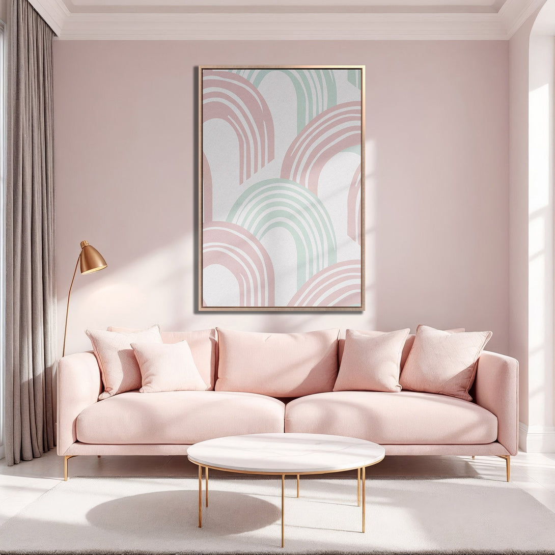 Framed Wall Art with abstract rainbow design in pink and mint green. Modern art for a stylish living room.