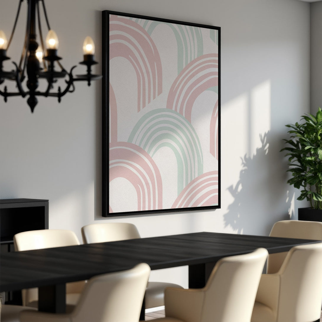 Framed Wall Art featuring a modern abstract rainbow design in a soft pink and green color palette, perfect for adding a touch of style to any room.