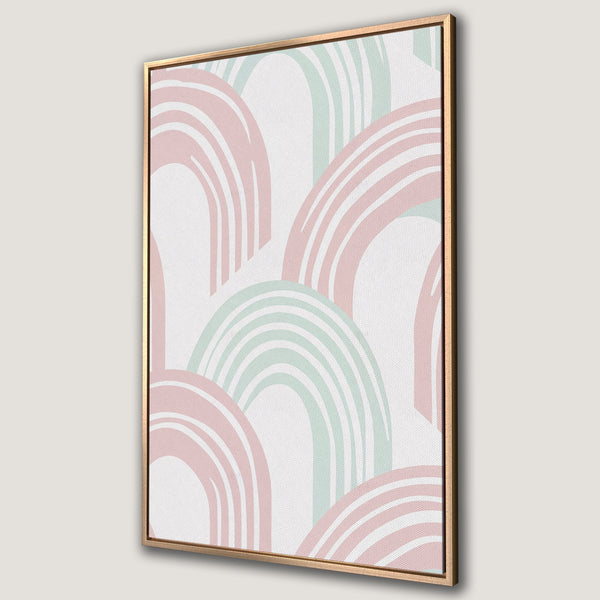 Framed Wall Art featuring a modern abstract design of pastel pink and green arches. Perfect for adding a touch of style to any space.