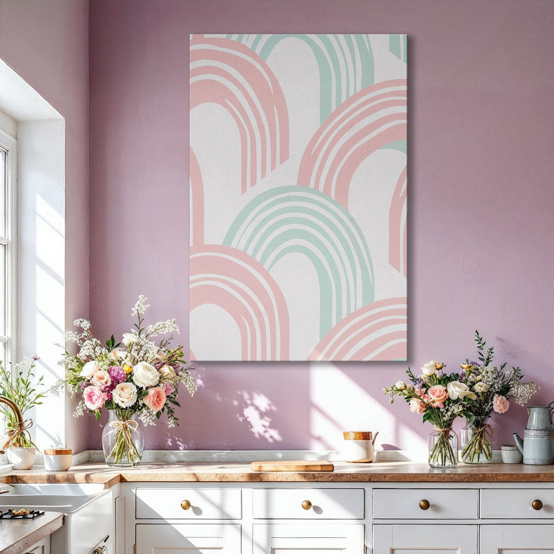 Framed Wall Art featuring a modern abstract design with pink and mint arches. Stylish decor for any interior. Pastel color palette.